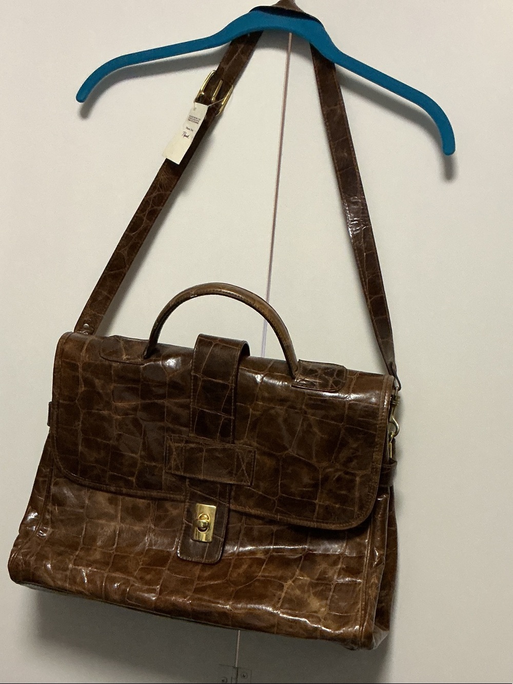 Men's Brown Croc-Embossed Leather Briefcase with Top Handle and Strap